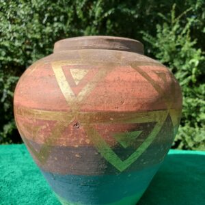 Mid Century Hand Painted Terracotta Clay Jar in Geometric Pattern