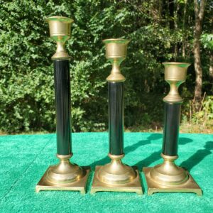 Three Vintage Brass Taiwanese Candlesticks with Black Enamel / Faux Malachite Accents
