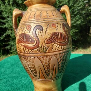 Vintage 9” Brown Japanese Clay Vase Hand-Created with Swans, Birds, Handles and Glaze