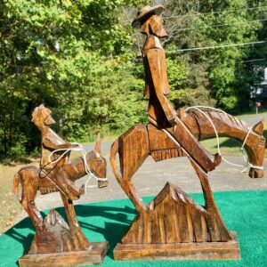 Don Quixote and Sancho Panza Burned Wood Carved Riding a Horse