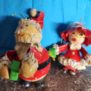 Rare 1970's Paper Mache Santa and Mrs Clause Christmas Ornaments