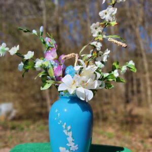 Vintage Large Blue Glass Vase with Ornate White Floral Flower Accent