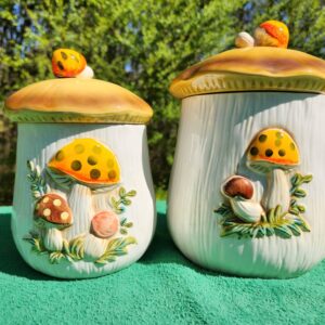 1977 Sears Roebuck Pair Mushroom Kitchen Counter Top Canisters
