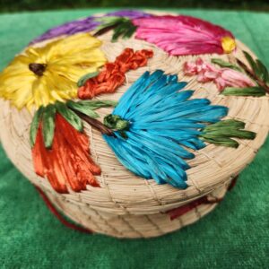 Vintage 1970's Island Woven Basket w/ Lid & VIBRANT Raffia Flowers
