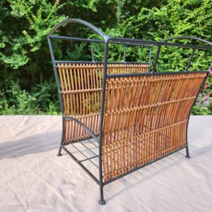 Vintage Mid-Century Wrought Iron and Woven Bamboo & Wicker Magazine and LP Record Rack