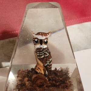 Vintage 1970's Hand Carved Owl in Polished Pyramid Lucite Paperweight / Decor