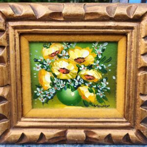 Vintage Oil Painting Still Flowers in Vase Matted in Velvet under Copper / Gold Wood Frame