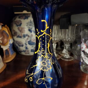 Vintage Victorian Bristol Hand Blown Cobalt Blue Ruffled Vase w/ Golden Hand Painted Floral Detail