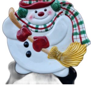 Fitz & Floyd Essential Snowman w/ Broom & Plaid Scarf Christmas Plate & Wall Decor