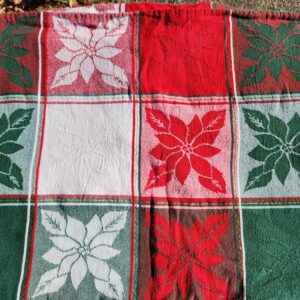 Poinsettia Embossed Red Green White Christmas Plaid Tablecloth accented w subtle Metalic Gold Thread