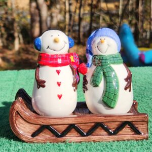 St Nicholas Square, Button Tree Button Up, Snowmen Salt & Pepper Shaker on Sled Base – Christmas