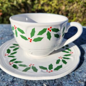Crate & Barrel Christmas Holiday Holly Leaves and Berries Cup and Two Saucers
