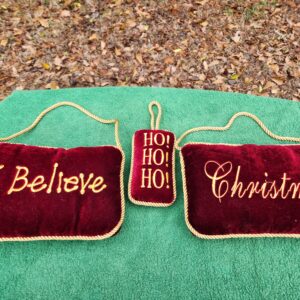 3 Very Plush Garnet Velvet Decorative Hanging Christmas Pillows with Gold Embroidery
