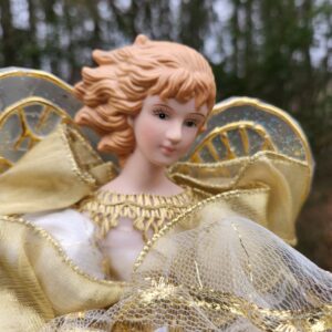Vintage Porcelain and Lace Angel Christmas Tree Topper in Gold and White