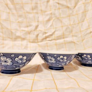 Vintage Japanese Bone China Blue & White Floral Rice and Soup Bowls - Set of 3
