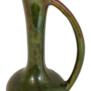 Vintage MCM Pottery Brown Glaze Over Green Ewer Pitcher With Handle 8" / Vase