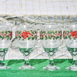 Vintage Libbey Holly Ribbon and Bow Christmas Stemmed Wine Goblet Glasses - Set of 4