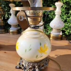 Rare Vintage Early 20th Century Hand Painted Hurricane Floral Milk Glass Parlor Lamp