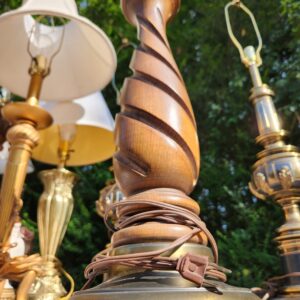 Vintage Brass and Solid Wood Spiral Turned Table Lamp