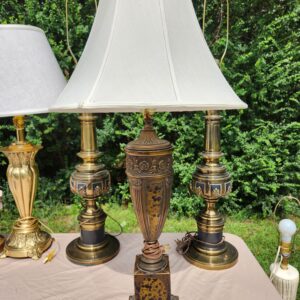 Vintage Bronze Art Nouveau Foliate Urn Lamp on Faux Leather & Brass Base w/ Hand Sewn Shade