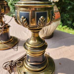1960's Stiffel Hollywood Regency Gold Brass Acanthus Leaf Detailing Black Enamel Accent Table Lamps