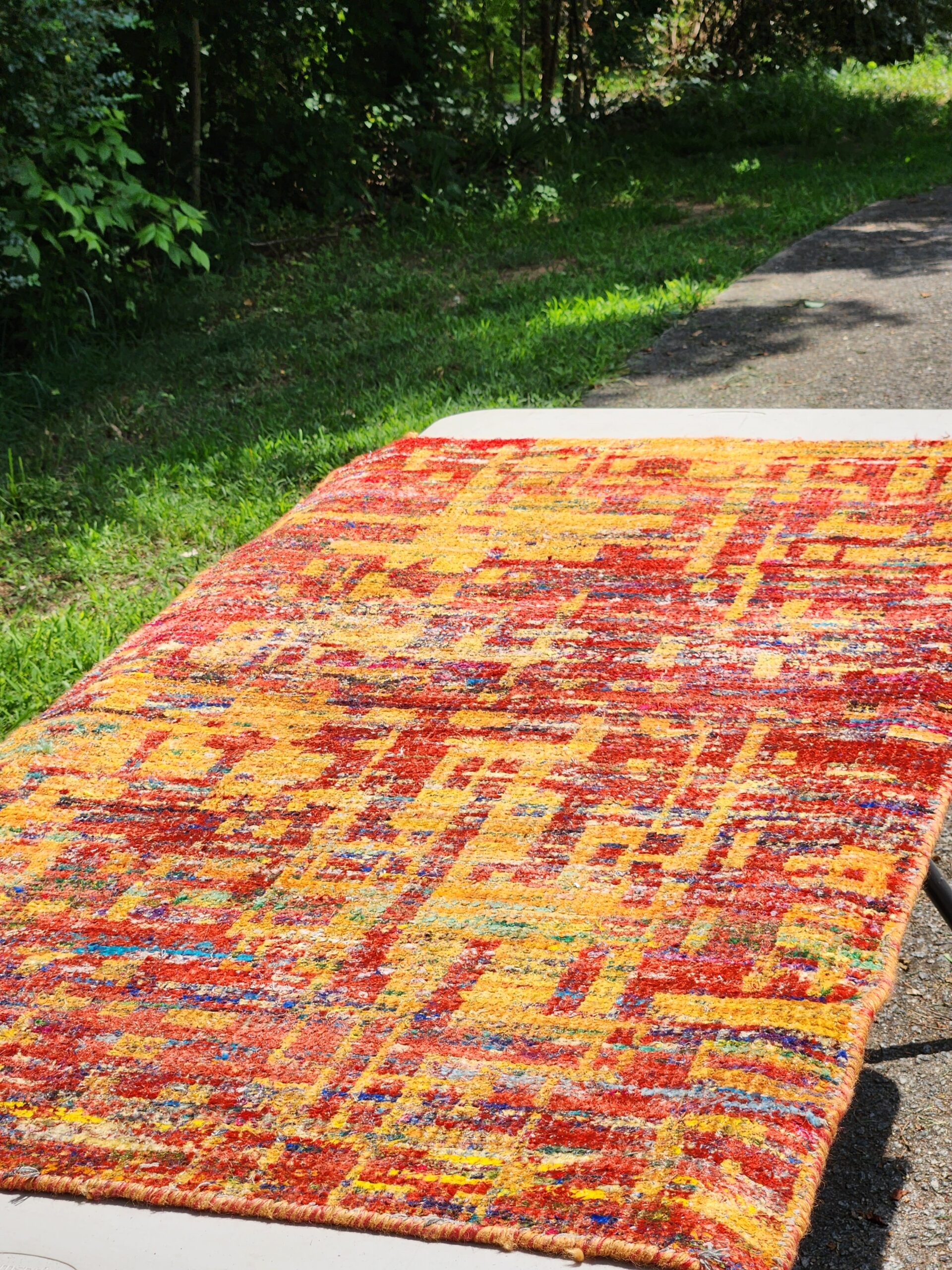 Abstract Hand-Knotted Sari Silk Gold, Red Silk Rug - Image 2