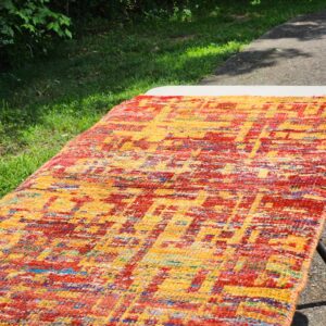 Abstract Hand-Knotted Sari Silk Gold, Red Silk Rug