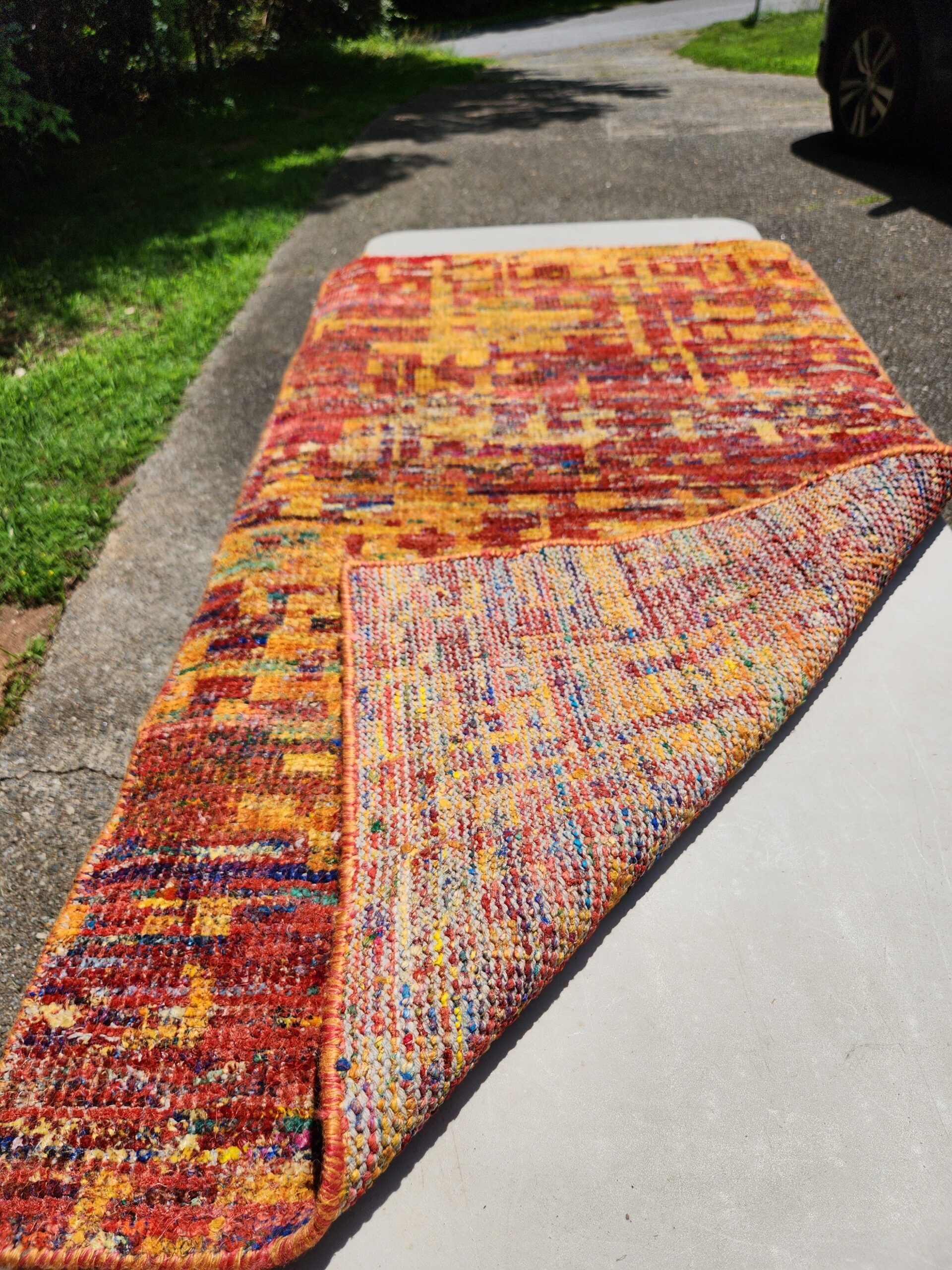Abstract Hand-Knotted Sari Silk Gold, Red Silk Rug - Image 3