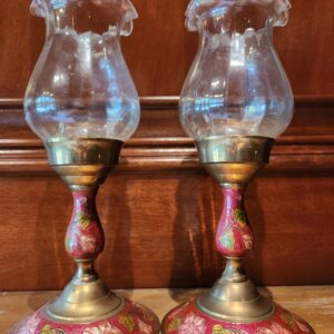 Cloisonne Solid Indian Brass Pair Candlesticks w/ Blown Glass Globes Pink Green