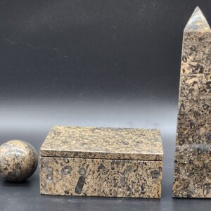 Pakistani Plum Blossom Jasper Hand Carved Obelisk, Sphere, Lid w/ Box