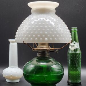 Paraffin Emerald Green Hurricane Oil Lamp with White Hobnail Milk Glass Shade
