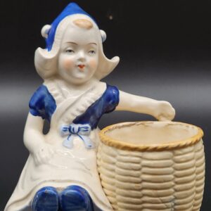 Vintage to Antique Blue & White Bisque Dutch Girl Toothpick Holder - Table Décor