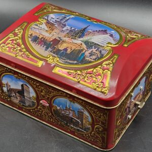 Music Box Tin from Nurnberg Germany. Raised Details, Images of German Towns - Vintage Christmas