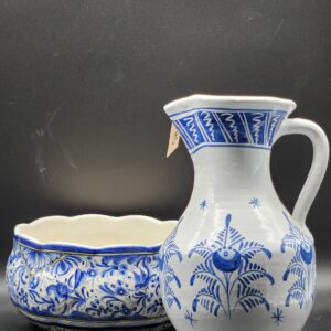 Vintage "Delft" Blue Artisan Spanish Hand Made / Hand Painted Heavy Ceramic Pitcher