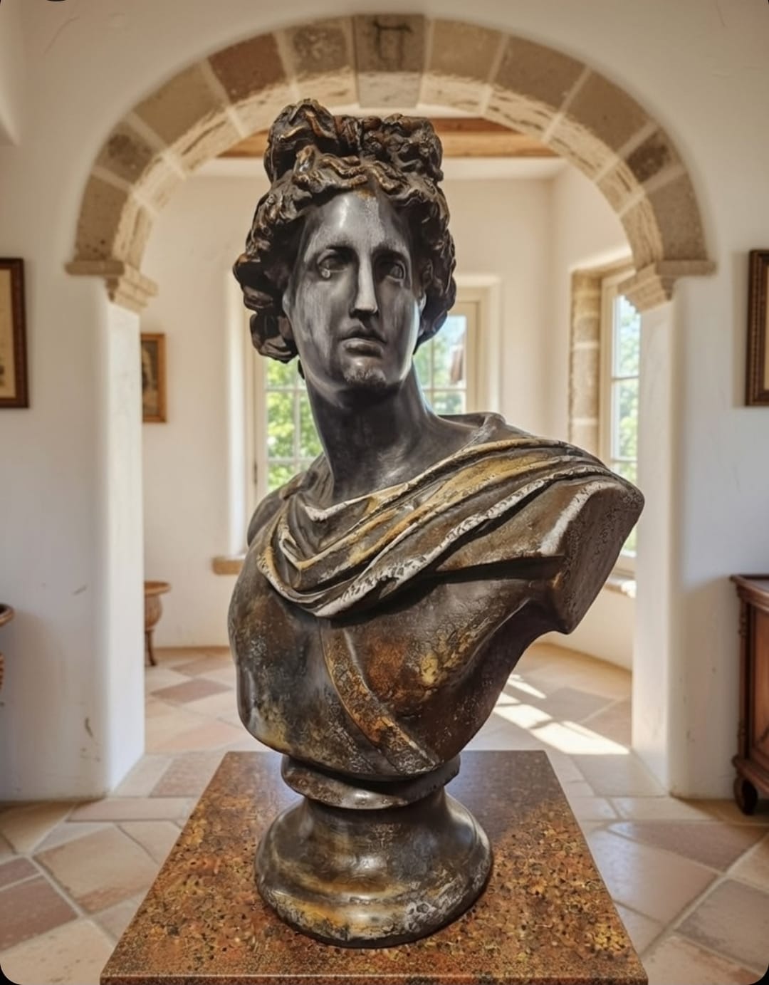 Large Bronze Bust Of Greek/Roman Apollo Belvedere - Italian Neoclassical Style Vintage - Image 2