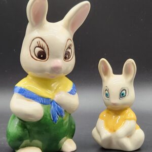 Vintage 1950s High Gloss Ceramic Mother in Shawl & Child Bunny Rabbits Figurines