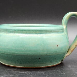 Vintage Stoneware Teal/Olive/Turquoise Green Kiln Fired Artisan Handled "Soup" Bowl