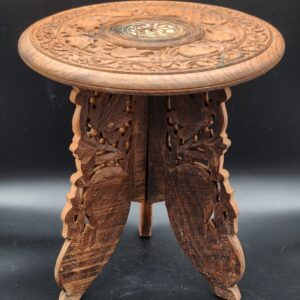Anglo-Indian Carved Wood Inlaid "Wine" Table w/ Folding Base