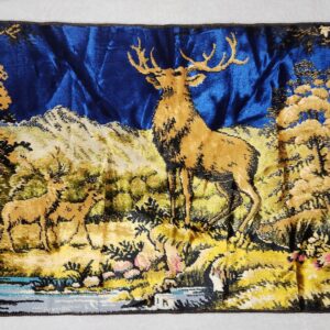 Vintage 70s Deer Winter Forest Woods Velvet Tapestry Rug Wall Picture 19x38” MCM
