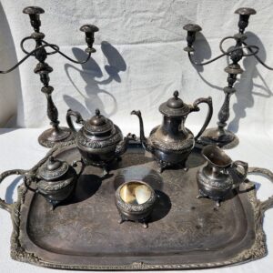 Rogers Bros Heritage Tea Serving Set - Tea Pots, Creamer, Sugar Bowl, Candelabra, Serving Tray