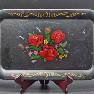 Vintage Early Century Black Tin Metal Lap Luncheon Serving Tray Gold & Floral Design