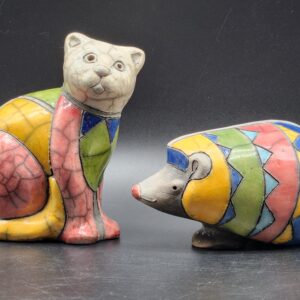 Hand Made South Africa Fenix Raku Patchwork Mosaic Pottery Multi Color Hedgehog & Cat Vintage