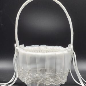 Satin Lace & Ribbon Embroidered Flower Girl Wedding Basket AND Glitter Flower Petals