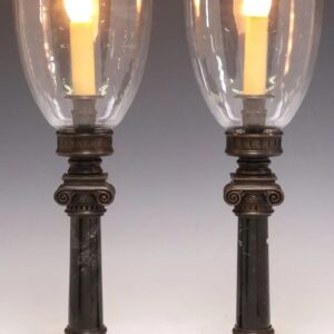 Italian Neoclassical Solid Bronze & Marble Boudoir Table Lamps w/ Hurricane Globes – Leviton