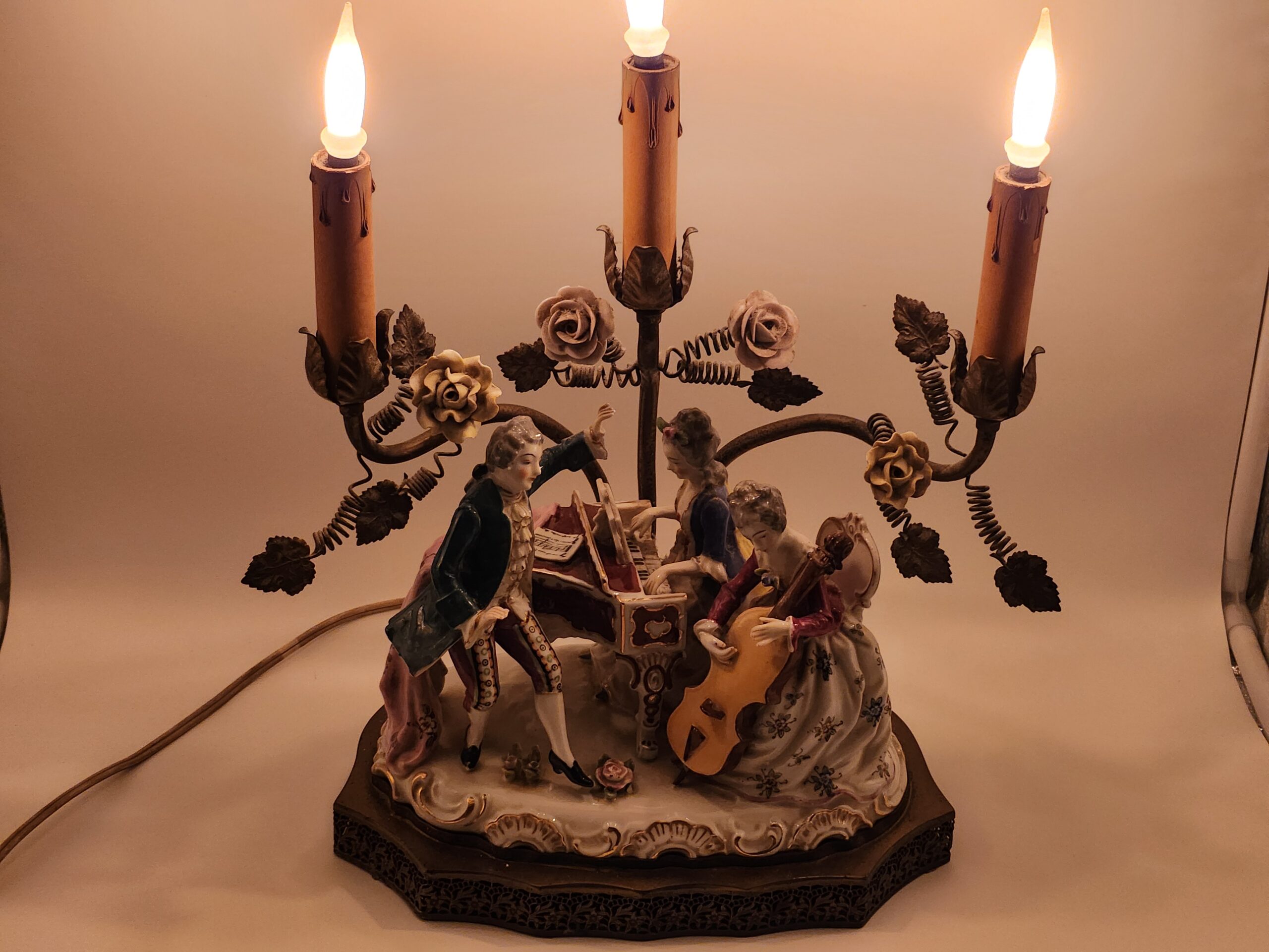 Antique Ormolu French Girandole Candelabra 3-Branch Lamp Porcelain Dresden Figurines French Boudoir - Image 2