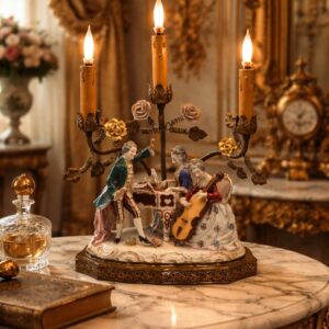 Antique Ormolu French Girandole Candelabra 3-Branch Lamp Porcelain Dresden Figurines French Boudoir