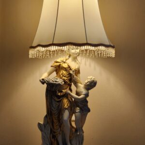 Early Century Art Nouveau Sculptural Chalkware Table Lamp w/ Tassled Shade