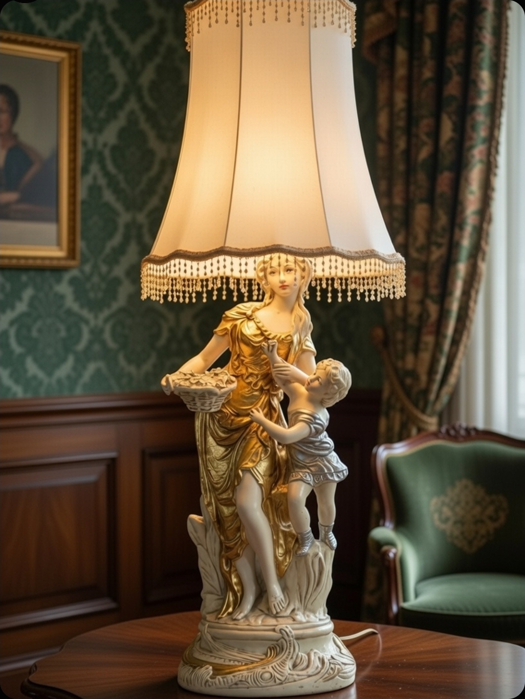 Early Century Art Nouveau Sculptural Chalkware Table Lamp w/ Tassled Shade - Image 14