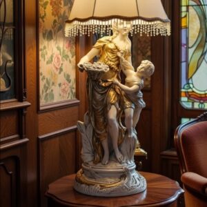 Early Century Art Nouveau Sculptural Chalkware Table Lamp w/ Tassled Shade