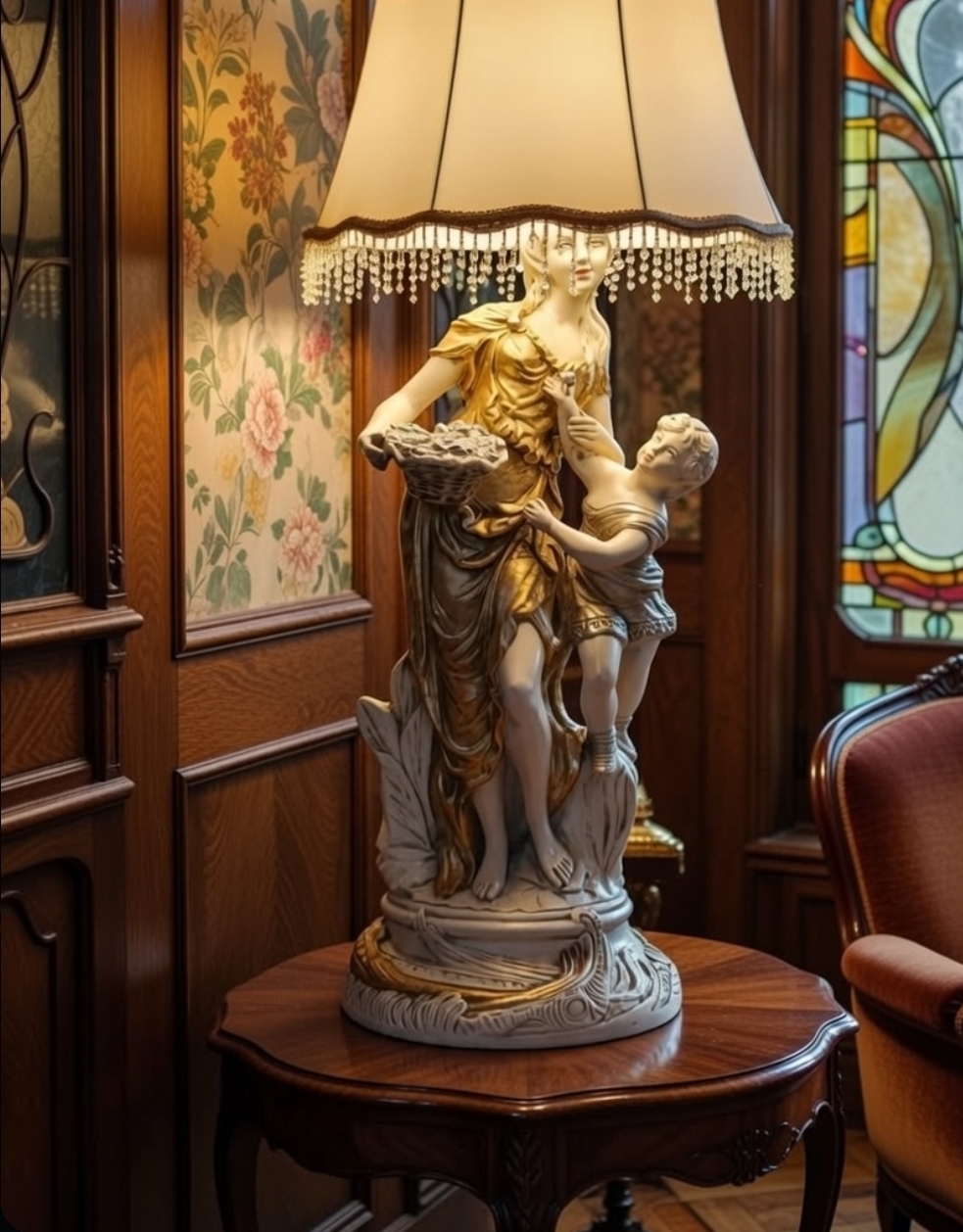 Early Century Art Nouveau Sculptural Chalkware Table Lamp w/ Tassled Shade